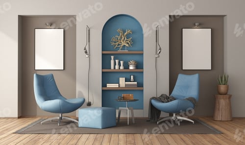 Preview: Living room interior with armchairs, niche and poster mock up