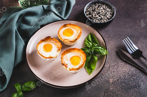 Preview: Baked egg and bacon rolls with basil on a plate on a table
