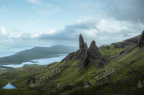 Preview: Closeup of old man of storr. Dramatic beautiful Moody shot of Isle of skye WITH COPYSPACE