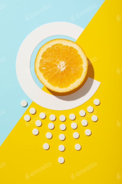 Preview: Bio-supplement vitamin C, in tablets on a light background.