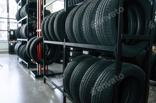 Preview: New tires are placed on the storage rack in the car workshop