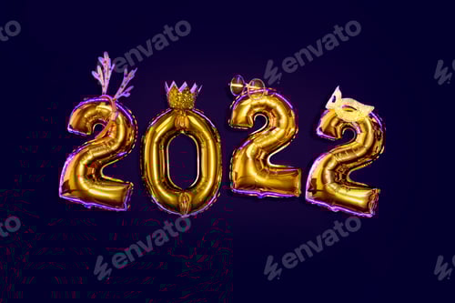 Visualização: Ano novo número 2022 de balões dourados em máscaras de máscaras