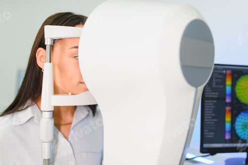 Preview: Woman undergoing eye exam with ophthalmology equipment