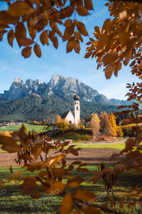 Preview: Bright photo of St. Constantine church in Dolomites, Trentino Alto Adige Italy
