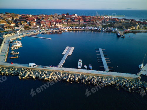 Preview: View from a height of the city of Sozopol with houses and boats near the Black Sea