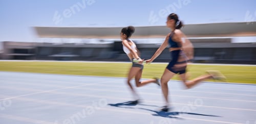 Preview: Speed race, relay and woman running in marathon competition, sports event or high energy track spri