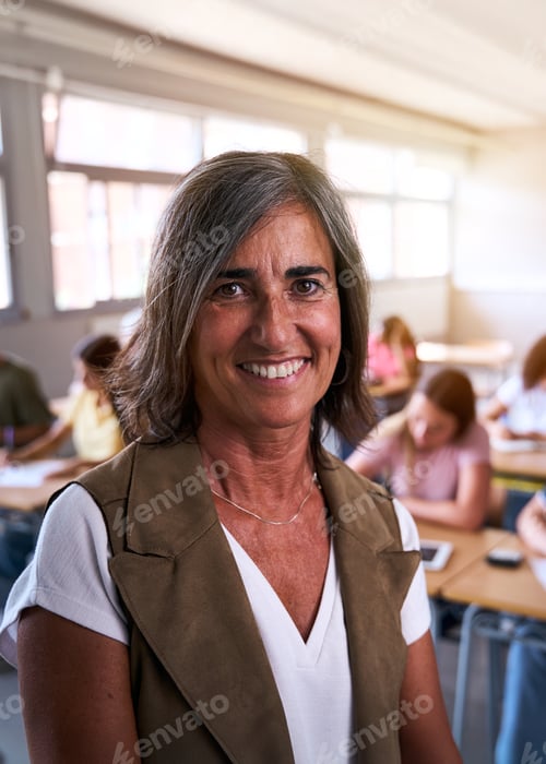 Visualização: Retrato de uma professora caucasiana madura feliz no ensino médio posando em sala de aula com confiança.