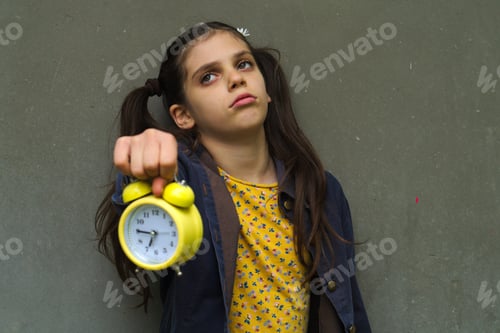 Preview: Young girl holding an alarm clock isolated on a gray background