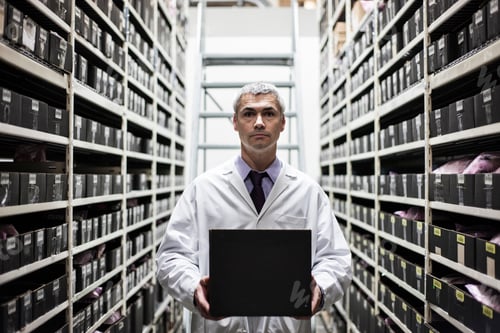 Preview: A caucasian male technician working on a laptop combuter among racks of machine parts
