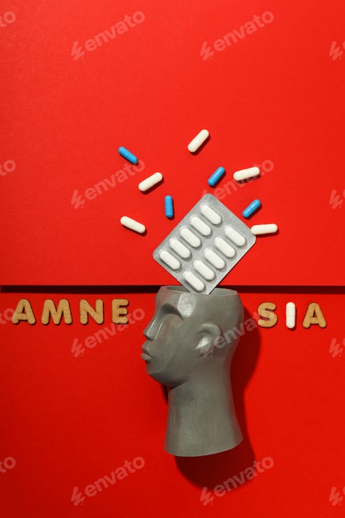 Preview: Concept of problems with memory, amnesia disease on red background