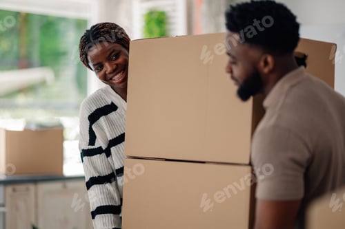 Preview: Happy couple carrying boxes into new home