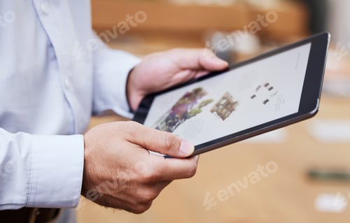 Preview: Tablet, man hands and online architect design on a software app for digital designer. Industrial, i