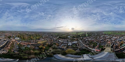 Preview: Aerial panoramic shot of old buildings surrounded by trees, Warwickshire, UK