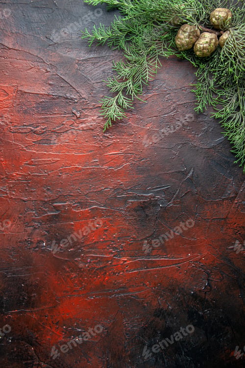 Preview: Vertical view of fir branches with decoration accessories on dark background