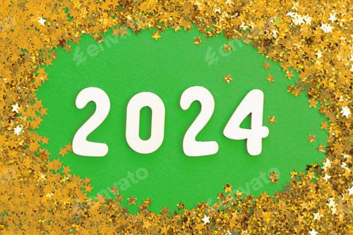 Visualização: número de madeira 2024 em Natal, fundo verde brilhante com brilho, confetes dourados festivos