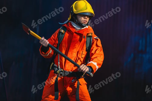 Preview: firefighter in an orange suit holding long pole