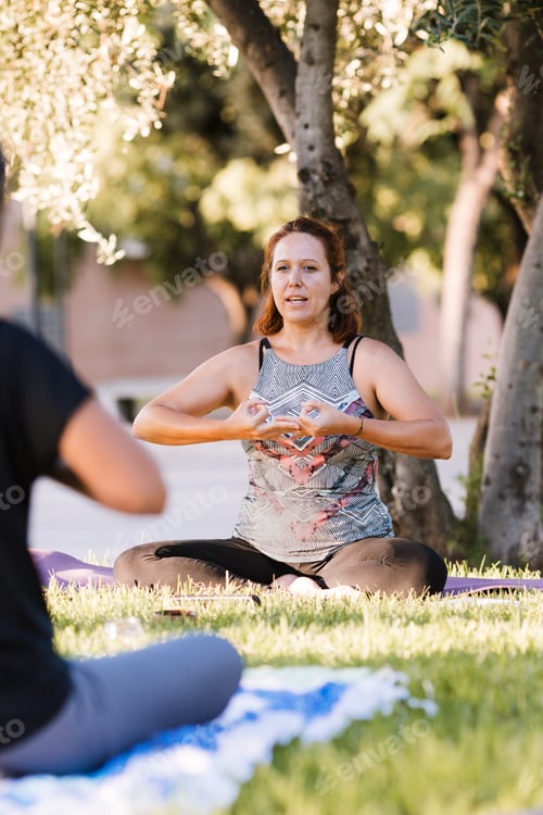 Preview: ujer in yoga pose giving classes in a park