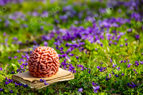 Preview: Human brain on a book on green meadow with purple flowers.