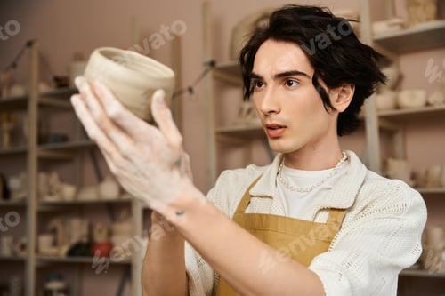 Preview: Handsome stylish man creating pottery in a vibrant ceramics studio filled with creativity