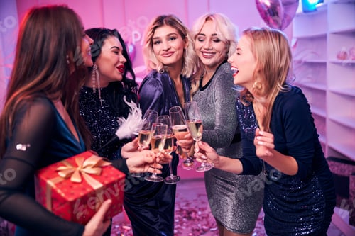 Preview: Smiling glamorous Caucasian ladies clinking their champagne flutes