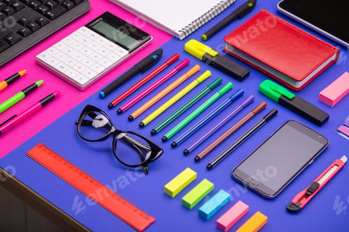 Preview: Top view of business desk composite with smartphone, calculator, stickers, and colored pens on pink