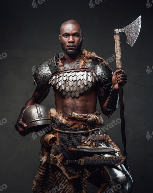 Preview: Wild barbaric person with black skin wielding an axe posing in dark background