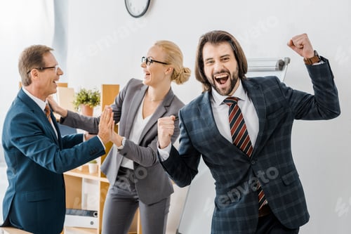 Preview: happy insurance agents rejoicing great deal in office