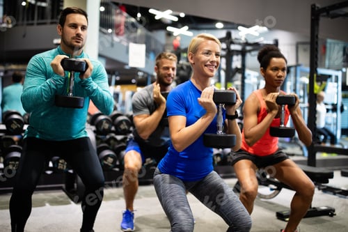 Preview: Fitness, sport, training, gym, success and lifestyle concept. Group of happy friends in the gym