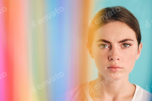 Preview: Confident girl intently looking in camera through colorful plastic straws. Stop using plastic straws
