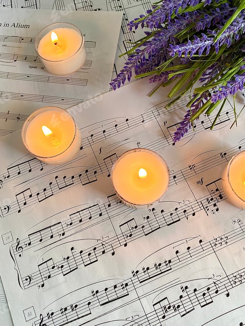 Preview: Tea light candles on top of music sheets and lavender