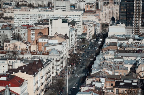Preview: Sunrise city panorama in Kiev Ukraine aireal view from top of building urban sky