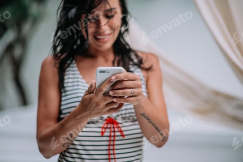 Preview: Authentic candid caucasian black hair lady in swimsuit spending summer vacation in the open air