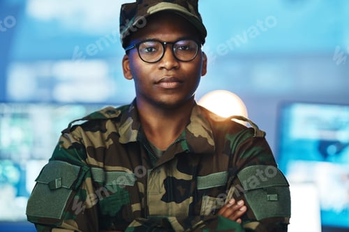 Preview: Control room, military and portrait of man for surveillance, tracking operation and national securi