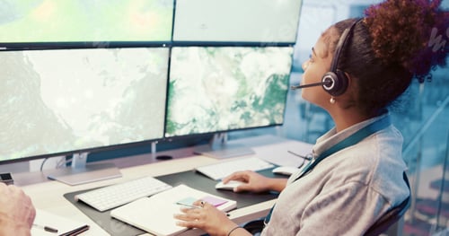 Preview: Computer screen, tracking or woman with headset in control room for weather pattern and monitor atm