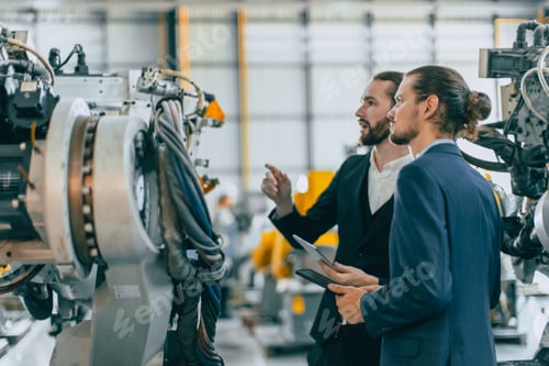 Preview: Businessman working in machinery factory robot assembly plant team working together