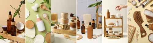 Preview: A collage of photos of accessories made of bamboo.