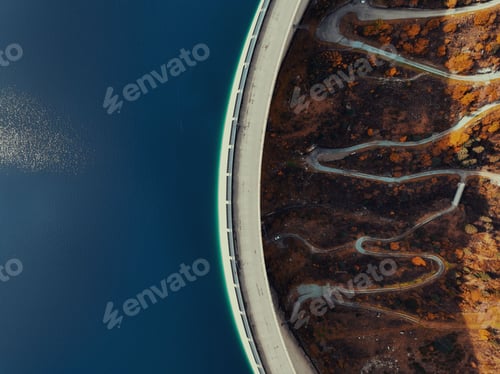 Preview: Aerial top view of a power dam in the Swiss alps with a road and autumn-colored nature