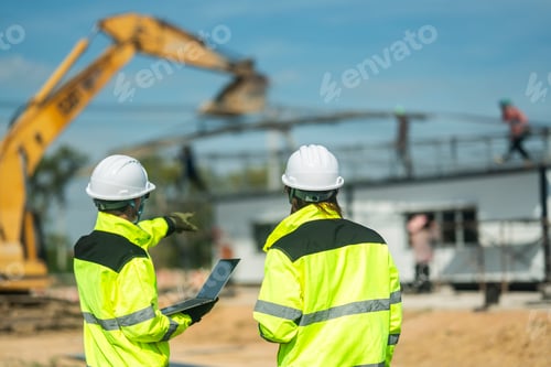 Preview: Two engineers reviewing plans on a laptop at a construction site