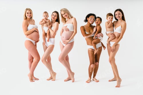 Preview: Beauty shot of beautiful pregnant women and mothers holding babies, motherhood and pregnancy concept
