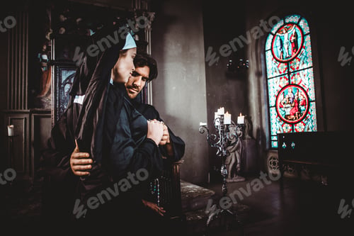 Preview: Nun and priest praying and spending time in the monastery