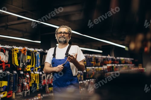 Preview: Man wearing overalls holding screwdriver in hardware store