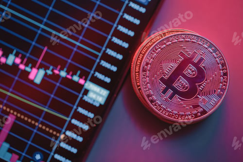 Preview: Cryptocurrency chart and bitcoin. Close-up photo. T