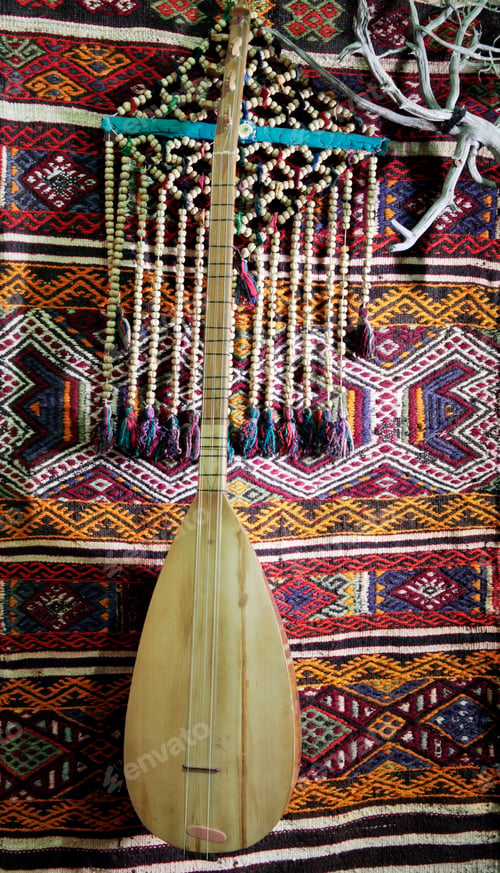 Preview: traditional Turkish rug, Turkish musical instrument baglama and amulet