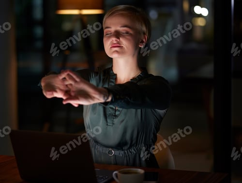 Preview: Woman stretching at her office desk for health, muscle wellness and calm night energy for work life