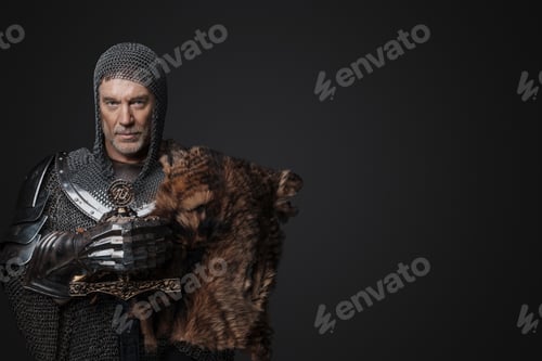 Preview: Confident medieval warrior posing with sword and fur