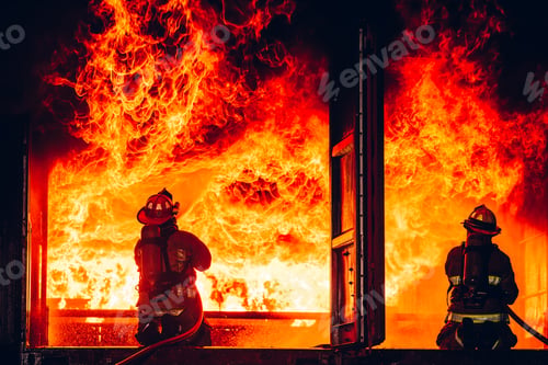 Preview: Fearless Firefighters Battling Blaze with Water and Extinguishers.