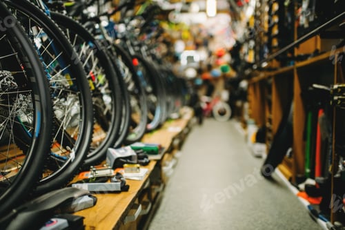Preview: Bicycle shop, rows of new bikes, cycle sport store