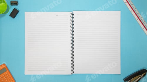 Preview: Office table desk with set of colorful supplies, blue blank note pad, cup, pen, pc, crumpled paper