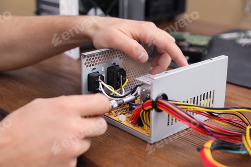 Vista previa: Male technician repairing power supply unit at table, closeup