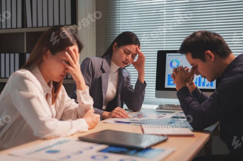 Preview: Stressed business team having problems and suffering headache in office meeting room